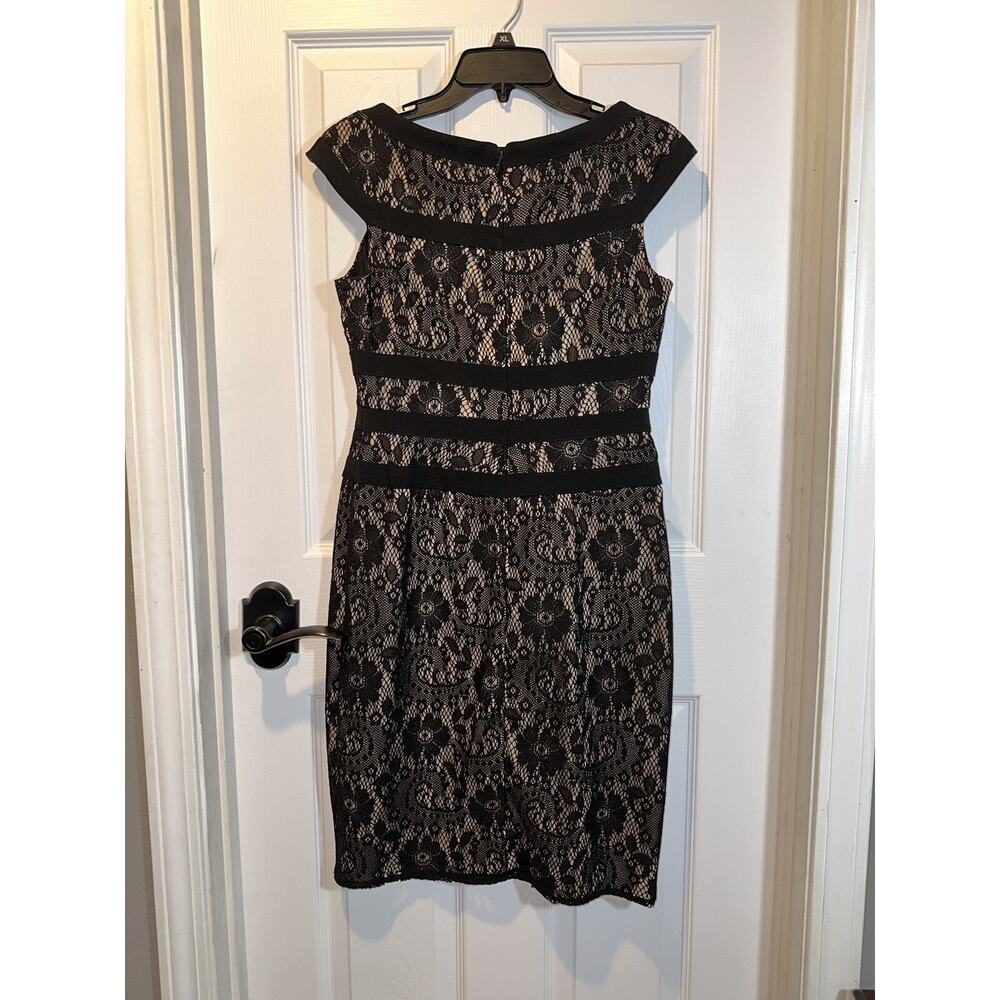 Adrianna Papell Black Lace Nude Sheath Ribbons Dress Size 4 - Picture 3 of 7